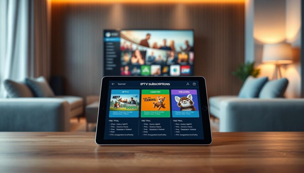 A sleek, modern digital display showcasing various IPTV subscription plans and free trial details. In the foreground, a stylish tablet is placed on a minimalistic wooden table, featuring vibrant, user-friendly graphics for each subscription plan. The middle layer includes an elegant, blurred outline of a cozy living room with a television set displaying enticing streaming options. The background captures a softly lit room with warm ambient lighting, setting a welcoming atmosphere. The scene is viewed at eye level, with a shallow depth of field to emphasize the tablet and its colorful content. The overall mood is informative yet inviting, reflecting a seamless blending of technology and entertainment options for viewers in Ireland. A sleek, modern digital display showcasing various IPTV subscription plans and free trial details. In the foreground, a stylish tablet is placed on a minimalistic wooden table, featuring vibrant, user-friendly graphics for each subscription plan. The middle layer includes an elegant, blurred outline of a cozy living room with a television set displaying enticing streaming options. The background captures a softly lit room with warm ambient lighting, setting a welcoming atmosphere. The scene is viewed at eye level, with a shallow depth of field to emphasize the tablet and its colorful content. The overall mood is informative yet inviting, reflecting a seamless blending of technology and entertainment options for viewers in Ireland.