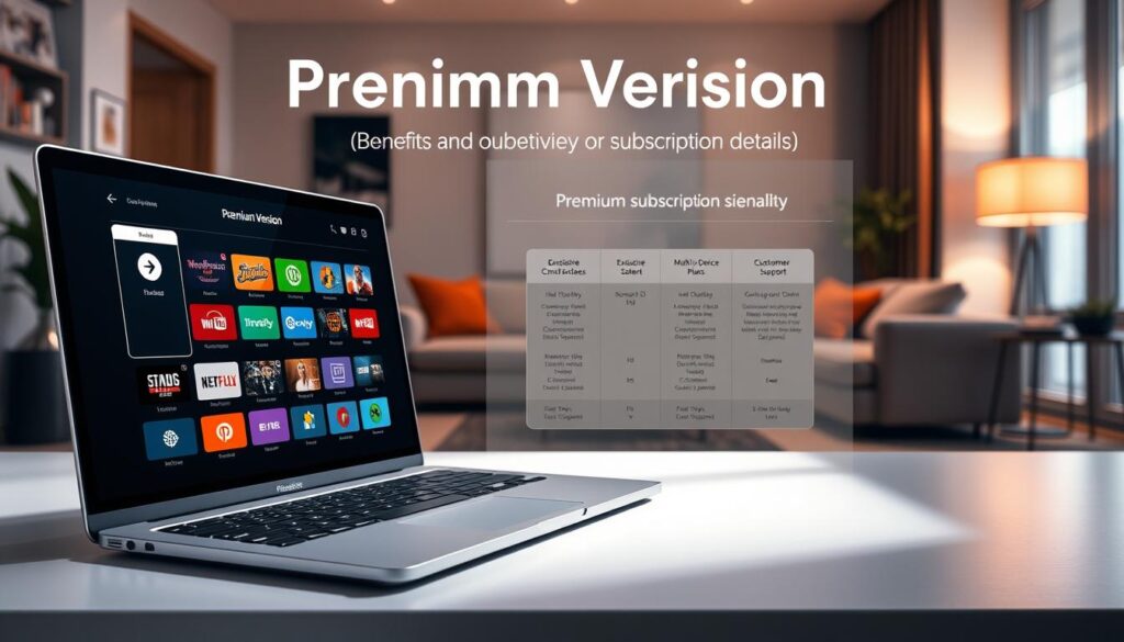 A sleek, modern digital interface showcasing "Premium Version: Benefits and Subscription Details," with vibrant icons representing streaming features like HD quality, exclusive content, multi-device access, and customer support. In the foreground, a professional laptop is angled slightly towards the viewer, displaying an engaging user interface of the IPTV Smart Player, with colorful, eye-catching graphics. The middle section of the image features a set of elegant subscription plans outlined on a stylish, minimalistic backdrop. In the background, a cozy living room setting with soft lighting creates a warm atmosphere, emphasizing a blend of comfort and technology. Soft shadows and ambient light give a polished, inviting look, enhancing the appeal of premium streaming services. A sleek, modern digital interface showcasing "Premium Version: Benefits and Subscription Details," with vibrant icons representing streaming features like HD quality, exclusive content, multi-device access, and customer support. In the foreground, a professional laptop is angled slightly towards the viewer, displaying an engaging user interface of the IPTV Smart Player, with colorful, eye-catching graphics. The middle section of the image features a set of elegant subscription plans outlined on a stylish, minimalistic backdrop. In the background, a cozy living room setting with soft lighting creates a warm atmosphere, emphasizing a blend of comfort and technology. Soft shadows and ambient light give a polished, inviting look, enhancing the appeal of premium streaming services.