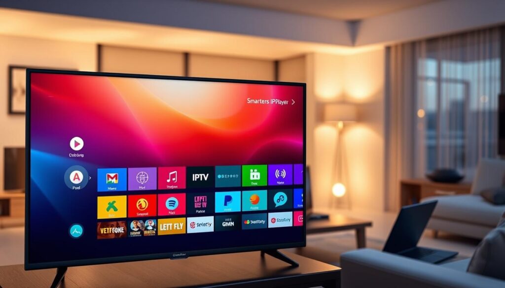 A sleek, modern digital interface showcasing the Smarters IPTV Player on a high-resolution screen. In the foreground, the IPTV application is displayed with vibrant colors, featuring a user-friendly layout with icons representing various streaming options. The middle ground includes a stylish living room setting with a comfortable couch and a coffee table, reflecting an inviting atmosphere for relaxing streaming sessions. In the background, soft ambient lighting creates a cozy and warm environment, hinting at a twilight setting outside the window. Include subtle elements of technology, such as a laptop or tablet nearby, emphasizing a seamless, multi-device streaming experience. Capture the overall mood of comfort, sophistication, and superior technology integration to illustrate why Smarters IPTV Player is recommended for smooth streaming in Ireland.
