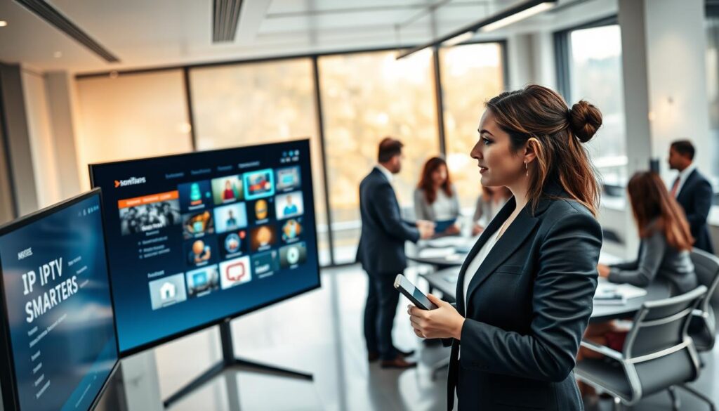 A sleek, modern interior of an IPTV office showcasing IPTV Smarters features. In the foreground, a professional businesswoman dressed in smart attire is demonstrating IPTV Smarters software on a large, high-resolution monitor, displaying its user-friendly interface with various features like channel listings and streaming options. In the middle ground, a group of diverse professionals collaborate around a conference table, discussing support plans, with documents and tablets visible. The background features large windows with natural light pouring in, creating a bright and inviting atmosphere, with subtle hints of tech gadgets and service icons on the walls. The scene captures an atmosphere of innovation and teamwork, emphasizing customer support and feature-rich offerings. Use a wide-angle lens to capture the whole setup, with soft focus on the background to keep the attention on the IPTV Smarters demonstration.