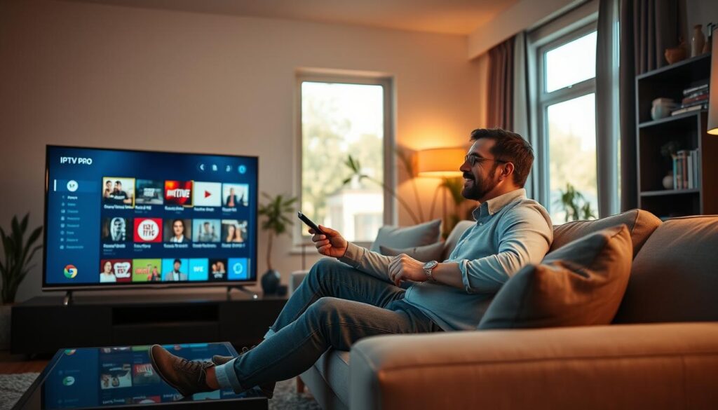 A sleek, modern living room setting as the foreground, featuring a smart TV displaying the IPTV Pro app interface with vibrant channel thumbnails. In the middle, a user, a man in casual yet professional clothing, is seated comfortably on a stylish sofa, holding a remote, with an engaged expression while browsing through channels. Soft ambient lighting enhances the cozy atmosphere, with warm hues illuminating the space. The background captures subtle decor elements like houseplants and bookshelves, suggesting a welcoming home environment. A large window shows a glimpse of a sunny day outside, creating a cheerful mood. The composition is shot at a slight angle from the side, emphasizing both the user’s interaction with the app and the overall ambiance of relaxation and enjoyment in using IPTV Pro.