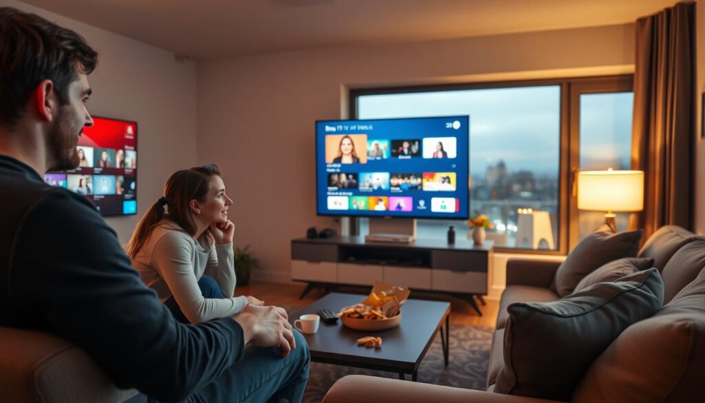 A sleek, modern living room setting depicting an Irish viewer engaged in a cozy IPTV experience, showcasing a flat-screen television displaying the Bing IPTV interface with vibrant channels. The foreground features a casually dressed young adult male and female, focused and animated, giving the impression of an engaging viewing session. In the middle ground, a stylish coffee table is scattered with snacks and a remote control, while a comfortable couch invites relaxation. The background features a softly lit window with an evening city skyline, warm ambient lighting creating an inviting atmosphere. Shot with a wide-angle lens to capture the overall layout and rich details, producing a warm and engaging mood that highlights the appeal of Bing IPTV for Irish audiences. A sleek, modern living room setting depicting an Irish viewer engaged in a cozy IPTV experience, showcasing a flat-screen television displaying the Bing IPTV interface with vibrant channels. The foreground features a casually dressed young adult male and female, focused and animated, giving the impression of an engaging viewing session. In the middle ground, a stylish coffee table is scattered with snacks and a remote control, while a comfortable couch invites relaxation. The background features a softly lit window with an evening city skyline, warm ambient lighting creating an inviting atmosphere. Shot with a wide-angle lens to capture the overall layout and rich details, producing a warm and engaging mood that highlights the appeal of Bing IPTV for Irish audiences.