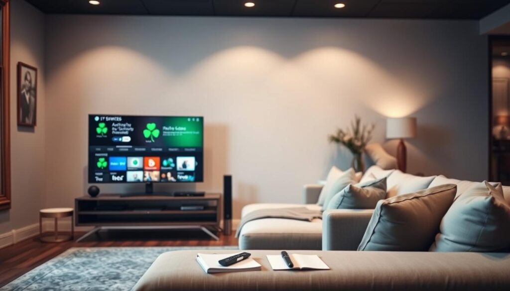 A sleek, modern living room setting designed for comfort and technology. In the foreground, a stylish TV stand supports a large flat-screen television displaying a vibrant guide interface for IPTV services, specifically illustrating an Irish theme with symbols like a shamrock and the colors of the Irish flag. The middle ground features a cozy couch with light-colored upholstery, plush cushions, and a coffee table adorned with a remote control and a notebook. In the background, soft ambient lighting enhances the mood, casting a warm glow throughout the room. The scene is captured from a slightly elevated angle, focusing on the IPTV guide while suggesting a sense of inquiry and consideration, perfect for a topic about evaluating streaming services in Ireland.
