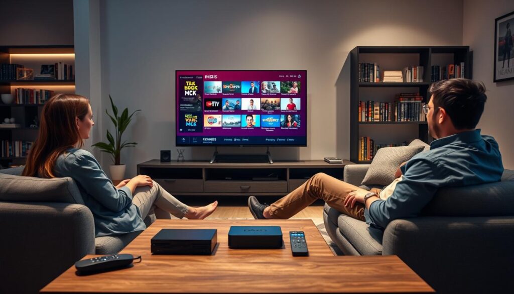 A sleek, modern living room setting showcasing a family engaging with IPTV services. In the foreground, a woman and a man in casual yet professional attire sit on a comfortable sofa, engrossed in a large flat-screen TV displaying a vibrant IPTV interface filled with various channels and content options. In the middle ground, a coffee table is adorned with tech gadgets like a streaming device and remote controls. The background features a stylish bookshelf filled with DVDs and tech books, with soft ambient lighting creating a warm and inviting atmosphere. The overall mood is relaxed and contemporary, emphasizing the accessibility and enjoyment of IPTV services among Irish users. The image should have a realistic style with a focus on clarity and detail, capturing a sense of community and shared experiences. A sleek, modern living room setting showcasing a family engaging with IPTV services. In the foreground, a woman and a man in casual yet professional attire sit on a comfortable sofa, engrossed in a large flat-screen TV displaying a vibrant IPTV interface filled with various channels and content options. In the middle ground, a coffee table is adorned with tech gadgets like a streaming device and remote controls. The background features a stylish bookshelf filled with DVDs and tech books, with soft ambient lighting creating a warm and inviting atmosphere. The overall mood is relaxed and contemporary, emphasizing the accessibility and enjoyment of IPTV services among Irish users. The image should have a realistic style with a focus on clarity and detail, capturing a sense of community and shared experiences.
