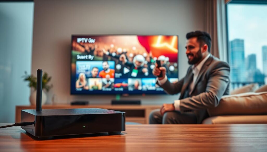 A sleek, modern living room with a large flat-screen TV displaying vibrant IPTV content on the screen, symbolizing instant activation and fast streaming. In the foreground, a stylish streaming device with glowing LED indicators suggests immediate setup and connectivity. The middle scene features a well-dressed professional adjusting a remote control, exuding excitement and anticipation. Soft, warm lighting enhances the cozy atmosphere, creating a welcoming environment for family viewing. The background shows a clean window with blurred city skies, suggesting a fast-paced lifestyle. Use a wide-angle lens to capture depth and focus on the device and the user’s engaged expression. The overall mood conveys efficiency and accessibility, illustrating the seamless experience of getting connected swiftly. A sleek, modern living room with a large flat-screen TV displaying vibrant IPTV content on the screen, symbolizing instant activation and fast streaming. In the foreground, a stylish streaming device with glowing LED indicators suggests immediate setup and connectivity. The middle scene features a well-dressed professional adjusting a remote control, exuding excitement and anticipation. Soft, warm lighting enhances the cozy atmosphere, creating a welcoming environment for family viewing. The background shows a clean window with blurred city skies, suggesting a fast-paced lifestyle. Use a wide-angle lens to capture depth and focus on the device and the user’s engaged expression. The overall mood conveys efficiency and accessibility, illustrating the seamless experience of getting connected swiftly.