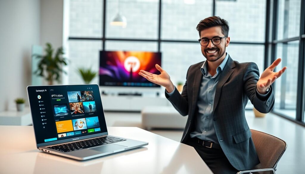A sleek, modern workspace featuring a stylish desk with a high-tech laptop displaying IPTV subscription options on the screen. In the foreground, a professional individual in smart casual attire gestures towards the laptop, exuding enthusiasm. The middle layer showcases vibrant visuals of various IPTV subscription plans represented as colorful graphics on the laptop, illustrating flexibility and variety. The background features a clean, bright room with large windows allowing natural light, creating an inviting atmosphere. The mood is dynamic and informative, emphasizing innovation in TV streaming services. Use soft, diffuse lighting to enhance the professional setting and focus on the individual’s expressions, providing a sense of engagement and clarity about the IPTV options available. A sleek, modern workspace featuring a stylish desk with a high-tech laptop displaying IPTV subscription options on the screen. In the foreground, a professional individual in smart casual attire gestures towards the laptop, exuding enthusiasm. The middle layer showcases vibrant visuals of various IPTV subscription plans represented as colorful graphics on the laptop, illustrating flexibility and variety. The background features a clean, bright room with large windows allowing natural light, creating an inviting atmosphere. The mood is dynamic and informative, emphasizing innovation in TV streaming services. Use soft, diffuse lighting to enhance the professional setting and focus on the individual’s expressions, providing a sense of engagement and clarity about the IPTV options available.