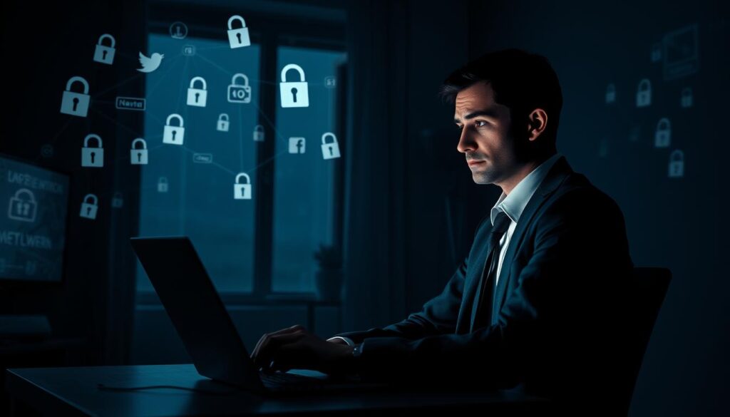 A somber and cautionary scene depicting privacy and security risks associated with IPTV services. In the foreground, a professional-looking person in modest business attire is sitting at a desk, intently gazing at a laptop screen, with a concerned expression. The middle ground features a dimly lit room filled with digital elements, such as floating icons of locked padlocks, warning signs, and social media logos, symbolizing data privacy concerns. The background incorporates abstract representations of networks and digital surveillance, with eerie shadows to enhance the atmosphere of caution. Soft, moody lighting filters through a window, casting elongated shadows, with a slightly over-the-shoulder perspective to create an intimate yet unsettling feeling in the scene. The color palette should focus on dark blues and grays, evoking a sense of urgency and unease.