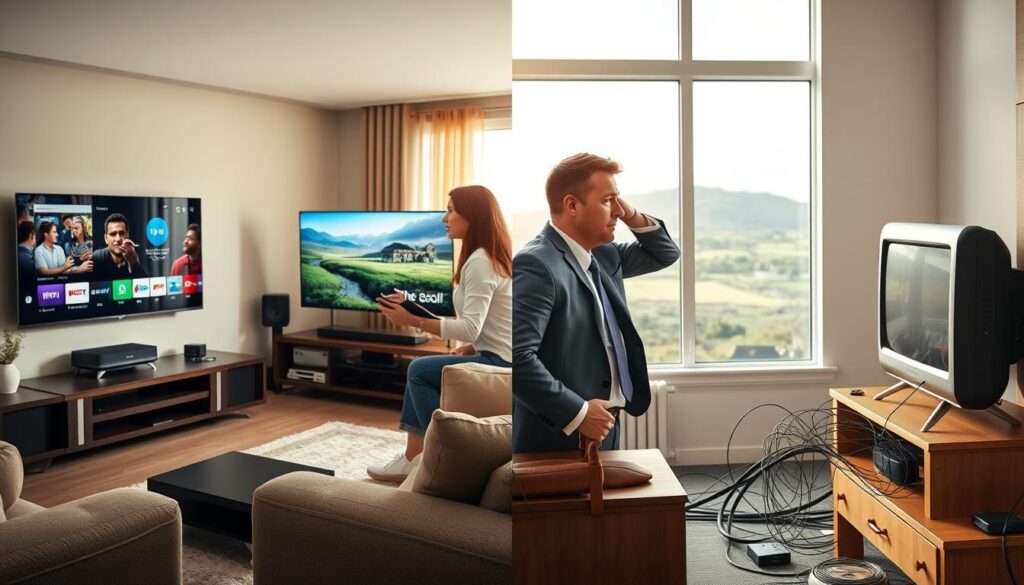 A split-screen image comparing IPTV and traditional cable in Ireland. On the left, depict a modern living room with a sleek IPTV box connected to a flat-screen TV, showcasing vibrant streaming apps, and a cozy setting with daytime sunlight streaming through a window. In the foreground, include a young professional couple dressed in smart casual attire, excitedly discussing their IPTV selections. On the right, illustrate an outdated cable setup with tangled wires, an old TV displaying static, and a frustrated individual in business attire trying to troubleshoot the situation, capturing a feeling of discontent. The background should be a blend of Irish landscapes visible through the window, maintaining a light, informative tone that resonates with modern technology's advantages over traditional cable. A split-screen image comparing IPTV and traditional cable in Ireland. On the left, depict a modern living room with a sleek IPTV box connected to a flat-screen TV, showcasing vibrant streaming apps, and a cozy setting with daytime sunlight streaming through a window. In the foreground, include a young professional couple dressed in smart casual attire, excitedly discussing their IPTV selections. On the right, illustrate an outdated cable setup with tangled wires, an old TV displaying static, and a frustrated individual in business attire trying to troubleshoot the situation, capturing a feeling of discontent. The background should be a blend of Irish landscapes visible through the window, maintaining a light, informative tone that resonates with modern technology's advantages over traditional cable.