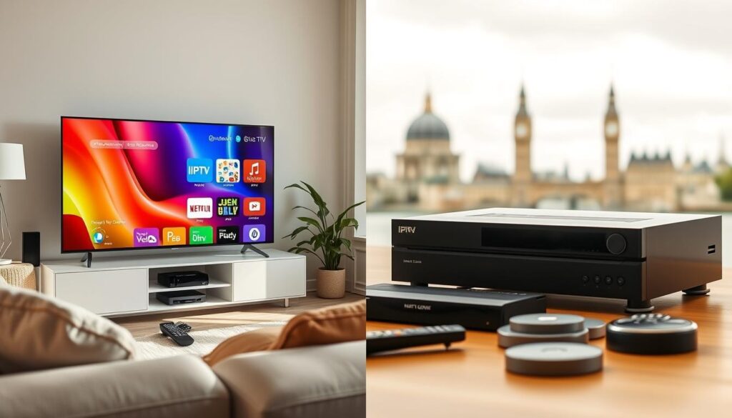 A split-screen image depicting a comparison between IPTV subscription services and traditional cable TV in Ireland. On the left, a modern living room setup showcasing a large smart TV displaying a vibrant IPTV interface, with a sleek remote control and a cozy couch. The atmosphere is bright, with soft natural lighting filtering through a window, creating a welcoming feel. On the right, a more traditional setup featuring a bulky cable box and an older television model with scattered DVDs and remotes. This side has a slightly darker hue to convey contrast. In the background, iconic Irish landmarks are subtly blurred to place the scene in Ireland, enhancing the regional relevance. The overall mood is informative and engaging, emphasizing the evolution of television viewing habits. A split-screen image depicting a comparison between IPTV subscription services and traditional cable TV in Ireland. On the left, a modern living room setup showcasing a large smart TV displaying a vibrant IPTV interface, with a sleek remote control and a cozy couch. The atmosphere is bright, with soft natural lighting filtering through a window, creating a welcoming feel. On the right, a more traditional setup featuring a bulky cable box and an older television model with scattered DVDs and remotes. This side has a slightly darker hue to convey contrast. In the background, iconic Irish landmarks are subtly blurred to place the scene in Ireland, enhancing the regional relevance. The overall mood is informative and engaging, emphasizing the evolution of television viewing habits.