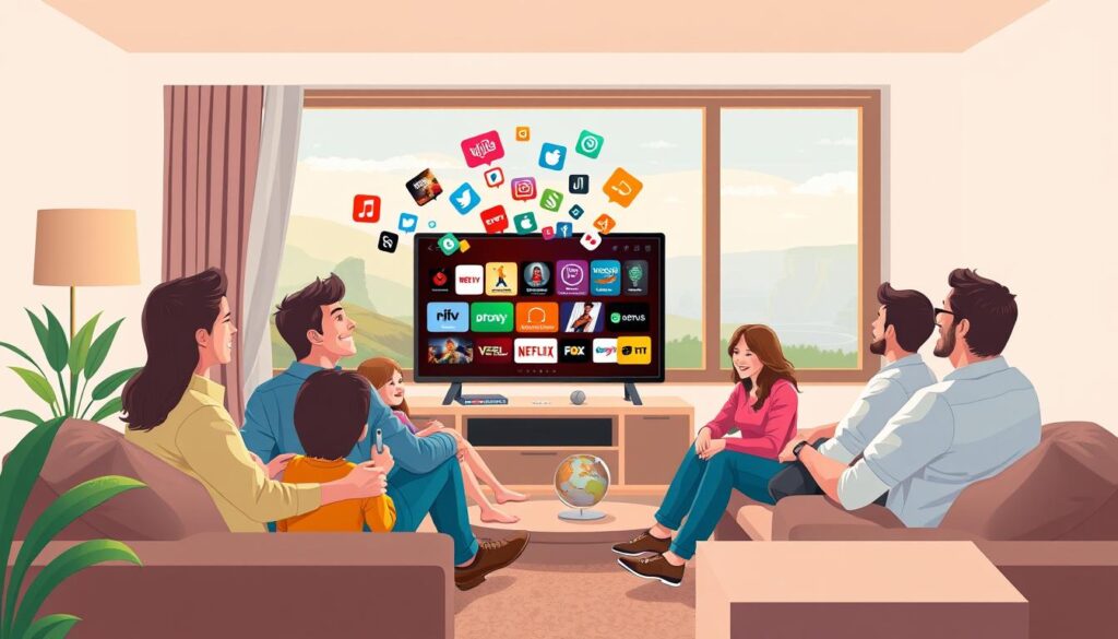 A vibrant and engaging illustration showcasing an IPTV service recommendation for Irish viewers. In the foreground, depict a friendly Irish family sitting comfortably in a cozy living room, with a modern television displaying a variety of IPTV content. The family, dressed in casual but polished attire, appears engaged and joyful. In the middle ground, show colorful icons representing various streaming options like movies, sports, and news, artistically emanating from the TV. In the background, subtle hints of the Irish landscape can be seen through a window, with rolling green hills and a distant cliff, enhancing the sense of place. Soft, warm lighting creates an inviting atmosphere, evoking a sense of comfort and enjoyment in home entertainment. The composition should evoke positivity and connection, capturing the essence of family time enhanced by IPTV services. A vibrant and engaging illustration showcasing an IPTV service recommendation for Irish viewers. In the foreground, depict a friendly Irish family sitting comfortably in a cozy living room, with a modern television displaying a variety of IPTV content. The family, dressed in casual but polished attire, appears engaged and joyful. In the middle ground, show colorful icons representing various streaming options like movies, sports, and news, artistically emanating from the TV. In the background, subtle hints of the Irish landscape can be seen through a window, with rolling green hills and a distant cliff, enhancing the sense of place. Soft, warm lighting creates an inviting atmosphere, evoking a sense of comfort and enjoyment in home entertainment. The composition should evoke positivity and connection, capturing the essence of family time enhanced by IPTV services.