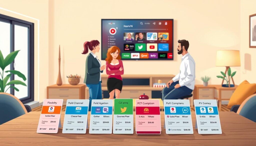 A vibrant and engaging illustration showcasing various IPTV UK subscription plans, focusing on flexibility and tailored options. In the foreground, a well-organized table displays different subscription plan cards with icons representing channels, genres, and prices, all designed with a modern aesthetic. In the middle, a diverse group of individuals in smart casual clothing, including a woman and a man discussing the plans, reflect interest and excitement. The background features a cozy living room setting with a large TV displaying a streaming interface, enhancing the viewing experience atmosphere. Soft, warm lighting casts a welcoming ambiance, captured from a slightly elevated angle to include details of the room decor. The overall mood conveys reliability and satisfaction in viewing choices. A vibrant and engaging illustration showcasing various IPTV UK subscription plans, focusing on flexibility and tailored options. In the foreground, a well-organized table displays different subscription plan cards with icons representing channels, genres, and prices, all designed with a modern aesthetic. In the middle, a diverse group of individuals in smart casual clothing, including a woman and a man discussing the plans, reflect interest and excitement. The background features a cozy living room setting with a large TV displaying a streaming interface, enhancing the viewing experience atmosphere. Soft, warm lighting casts a welcoming ambiance, captured from a slightly elevated angle to include details of the room decor. The overall mood conveys reliability and satisfaction in viewing choices.