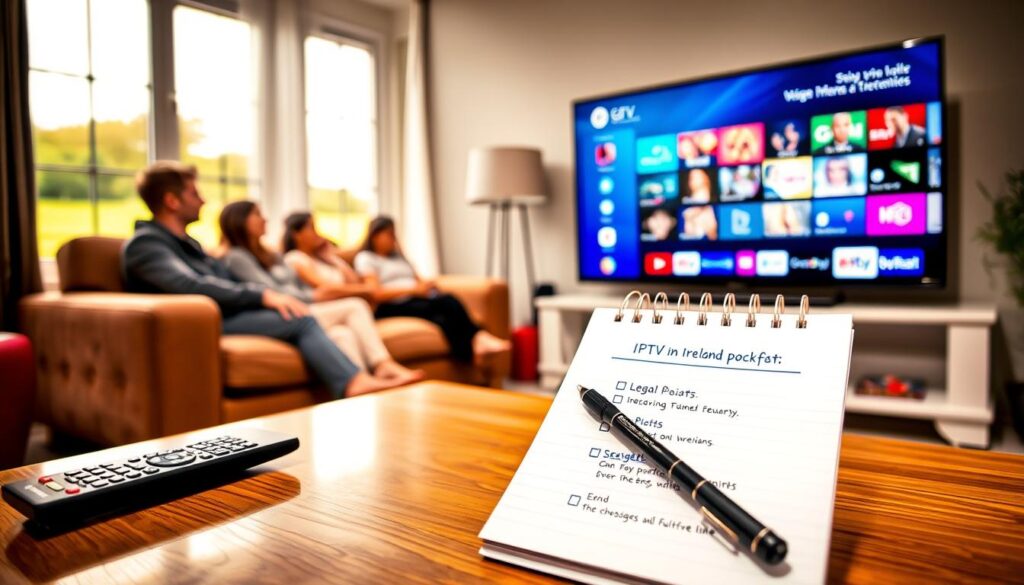 A vibrant and informative scene depicting an Irish living room with a modern television displaying the ge IPTV interface, showcasing a selection of channels and colorful thumbnails. In the foreground, a stylish coffee table with a remote control and a notepad featuring a checklist of legal points on IPTV in Ireland. The middle ground features a cozy couch with a family watching TV, dressed in smart casual attire, appearing engaged and relaxed. The background includes a window with a glimpse of the Irish landscape, incorporating lush greenery and soft, natural light that creates a warm atmosphere. The overall mood conveys curiosity and interest in the legal aspects of IPTV in Ireland, with a focus on family entertainment and modern technology.