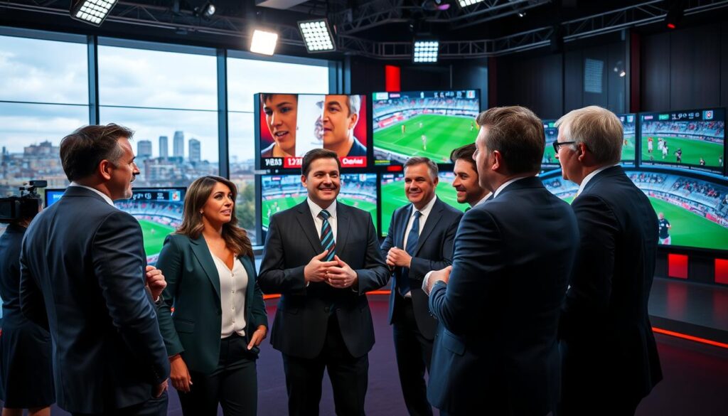 A vibrant, dynamic scene showcasing a modern sports studio, with high-tech screens displaying live sports events tailored for Irish viewers. In the foreground, a diverse group of professionals in smart business attire engage in animated discussion, their expressions conveying excitement and enthusiasm. In the middle, sleek screens show iconic Irish sports, like Gaelic football and rugby, alongside international matches, all illuminated by bright studio lights. The background features Dublin's skyline through large windows, suggesting a local touch. The mood is energetic and engaging, evoking the thrill of live sports coverage. Use dramatic lighting to highlight the subjects, with a slight focus on the interaction among the hosts, captured from a low angle to emphasize the excitement of sports broadcasting. A vibrant, dynamic scene showcasing a modern sports studio, with high-tech screens displaying live sports events tailored for Irish viewers. In the foreground, a diverse group of professionals in smart business attire engage in animated discussion, their expressions conveying excitement and enthusiasm. In the middle, sleek screens show iconic Irish sports, like Gaelic football and rugby, alongside international matches, all illuminated by bright studio lights. The background features Dublin's skyline through large windows, suggesting a local touch. The mood is energetic and engaging, evoking the thrill of live sports coverage. Use dramatic lighting to highlight the subjects, with a slight focus on the interaction among the hosts, captured from a low angle to emphasize the excitement of sports broadcasting.