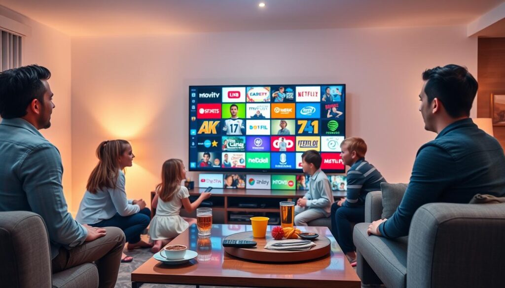 A vibrant scene showcasing a modern living room with a large flat-screen TV displaying a colorful array of IPTV channel icons, emphasizing diverse content from movies, sports, and educational programs. In the foreground, a family of four, dressed in smart casual attire, appears engaged with the IPTV interface, highlighting user interaction and enjoyment. The middle ground features a stylish coffee table with a remote control, snacks, and drinks, creating an inviting environment. The background includes soft lighting, with warm tones illuminating the room and creating a cozy atmosphere. The overall mood is lively and family-oriented, capturing the essence of extensive content and channel diversity available in IPTV Ireland. A vibrant scene showcasing a modern living room with a large flat-screen TV displaying a colorful array of IPTV channel icons, emphasizing diverse content from movies, sports, and educational programs. In the foreground, a family of four, dressed in smart casual attire, appears engaged with the IPTV interface, highlighting user interaction and enjoyment. The middle ground features a stylish coffee table with a remote control, snacks, and drinks, creating an inviting environment. The background includes soft lighting, with warm tones illuminating the room and creating a cozy atmosphere. The overall mood is lively and family-oriented, capturing the essence of extensive content and channel diversity available in IPTV Ireland.
