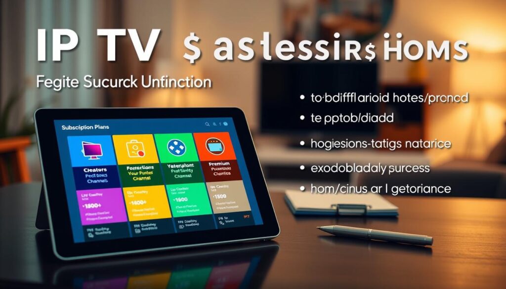 A visually appealing and informative representation of IPTV subscription plans and pricing details. The foreground features a sleek, modern tablet displaying a colorful interface with icons for different subscription tiers: basic, standard, and premium, each showcasing unique features like channel counts and streaming quality. In the middle, a stylish desk setup includes a notepad and pen, hinting at decision-making. The background is a softly blurred home environment with cozy lighting, suggesting a welcoming atmosphere for streaming. The overall mood is professional yet inviting, with warm, ambient lighting emphasizing a sense of reliability and comfort. No text or logos are present. A visually appealing and informative representation of IPTV subscription plans and pricing details. The foreground features a sleek, modern tablet displaying a colorful interface with icons for different subscription tiers: basic, standard, and premium, each showcasing unique features like channel counts and streaming quality. In the middle, a stylish desk setup includes a notepad and pen, hinting at decision-making. The background is a softly blurred home environment with cozy lighting, suggesting a welcoming atmosphere for streaming. The overall mood is professional yet inviting, with warm, ambient lighting emphasizing a sense of reliability and comfort. No text or logos are present.