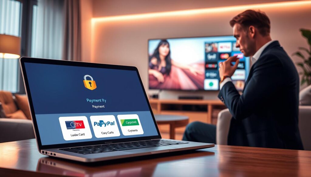 A visually appealing illustration focused on secure payment options for IPTV services in Ireland. In the foreground, showcase a sleek laptop displaying a secure payment interface with symbols of leading payment methods like credit cards, PayPal, and cryptocurrencies. In the middle, include a professional individual in business attire, thoughtfully examining the payment options on the laptop screen, reflecting trust and transparency. In the background, depict a cozy living room setting with soft lighting, featuring a TV displaying IPTV service icons. The overall atmosphere should convey security and professionalism, emphasizing a modern technological feel. Use warm tones to create an inviting ambiance, while maintaining focus on the payment options. A visually appealing illustration focused on secure payment options for IPTV services in Ireland. In the foreground, showcase a sleek laptop displaying a secure payment interface with symbols of leading payment methods like credit cards, PayPal, and cryptocurrencies. In the middle, include a professional individual in business attire, thoughtfully examining the payment options on the laptop screen, reflecting trust and transparency. In the background, depict a cozy living room setting with soft lighting, featuring a TV displaying IPTV service icons. The overall atmosphere should convey security and professionalism, emphasizing a modern technological feel. Use warm tones to create an inviting ambiance, while maintaining focus on the payment options.