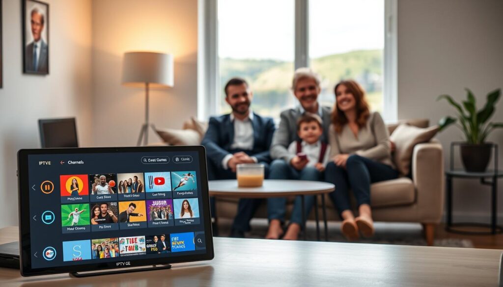 A visually appealing image showcasing a Georgian IPTV access guide set against the backdrop of Ireland. In the foreground, a well-organized digital device displaying a colorful interface of IPTV.GE channels, featuring vibrant thumbnails of popular Georgian shows, movies, and sports content. The middle ground shows a cozy living room environment with a modern sofa and a small coffee table, where a family of three (two adults in professional business attire and a child in modest casual clothing) sit together, engaged and smiling while watching the screen. The background features a window with a view of a lush Irish landscape, softly illuminated by warm natural light, creating a comfortable and inviting atmosphere that conveys the joy of accessing Georgian content in a new country. A visually appealing image showcasing a Georgian IPTV access guide set against the backdrop of Ireland. In the foreground, a well-organized digital device displaying a colorful interface of IPTV.GE channels, featuring vibrant thumbnails of popular Georgian shows, movies, and sports content. The middle ground shows a cozy living room environment with a modern sofa and a small coffee table, where a family of three (two adults in professional business attire and a child in modest casual clothing) sit together, engaged and smiling while watching the screen. The background features a window with a view of a lush Irish landscape, softly illuminated by warm natural light, creating a comfortable and inviting atmosphere that conveys the joy of accessing Georgian content in a new country.