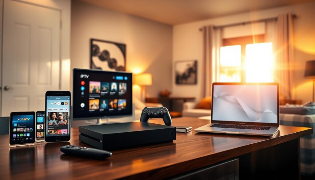 A visually appealing modern workspace depicting various compatible devices for Xtream IPTV access. In the foreground, a sleek smart TV showcasing the IPTV interface, with a remote control nearby. To the left, a tablet and smartphone both displaying the Xtream IPTV app, ensuring a seamless streaming experience. In the middle, a stylish gaming console and a laptop stand out, positioned elegantly on a polished wooden desk. The background features a cozy living room setup with warm, inviting lighting, creating a relaxed atmosphere. A subtle lens flare from a window adds to the ambiance, enhancing the scene's inviting nature. The overall mood is tech-savvy and modern, capturing the essence of cutting-edge streaming technology. A visually appealing modern workspace depicting various compatible devices for Xtream IPTV access. In the foreground, a sleek smart TV showcasing the IPTV interface, with a remote control nearby. To the left, a tablet and smartphone both displaying the Xtream IPTV app, ensuring a seamless streaming experience. In the middle, a stylish gaming console and a laptop stand out, positioned elegantly on a polished wooden desk. The background features a cozy living room setup with warm, inviting lighting, creating a relaxed atmosphere. A subtle lens flare from a window adds to the ambiance, enhancing the scene's inviting nature. The overall mood is tech-savvy and modern, capturing the essence of cutting-edge streaming technology.