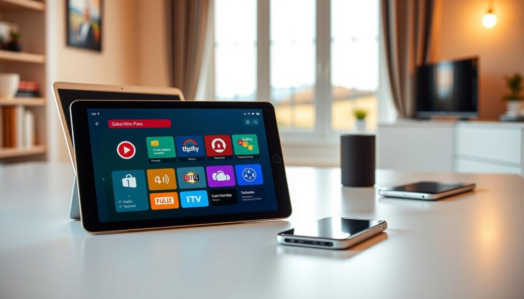 A visually appealing representation of IPTV Smarters Subscription Plans in Ireland, showcasing a modern digital interface on a sleek tablet. In the foreground, the tablet displays vibrant icons and features of various subscription plans, elegantly arranged to emphasize diversity in options. The middle ground includes a blurred laptop and smartphone, hinting at various devices compatible with IPTV services. In the background, a minimalist home office with a subtle Irish landscape visible through a window, illuminated by warm natural light, creating an inviting and professional atmosphere. The image should convey a sense of accessibility and tech-savvy lifestyle, with a focus on the ease of obtaining digital entertainment. Ensure no text or branding elements are visible in any part of the image.