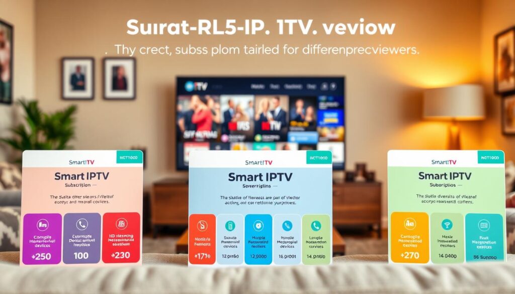 A visually appealing representation of various Smart IPTV subscription plans tailored for different viewers. In the foreground, display three distinct subscription plan cards featuring vibrant colors, icons representing features like "HD streaming", "Multiple devices", and "24/7 support". The middle of the image should include a stylish media console with a large flat-screen TV showing diverse content such as movies, sports, and news. The background should have a cozy living room setting with warm lighting, contemporary furniture, and decorative elements that evoke a relaxed viewing atmosphere. Soft focus, warm tones to create an inviting mood, with a perspective that suggests depth, resembling a slightly angled view from a comfortable seating area. A visually appealing representation of various Smart IPTV subscription plans tailored for different viewers. In the foreground, display three distinct subscription plan cards featuring vibrant colors, icons representing features like "HD streaming", "Multiple devices", and "24/7 support". The middle of the image should include a stylish media console with a large flat-screen TV showing diverse content such as movies, sports, and news. The background should have a cozy living room setting with warm lighting, contemporary furniture, and decorative elements that evoke a relaxed viewing atmosphere. Soft focus, warm tones to create an inviting mood, with a perspective that suggests depth, resembling a slightly angled view from a comfortable seating area.