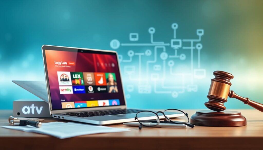 A visually captivating composite image illustrating the intersection of legal considerations and streaming quality in IPTV services. In the foreground, display a sleek, modern laptop showcasing a vibrant IPTV interface with colorful channels. Surround the laptop with legal documents, a gavel, and a pair of eyeglasses to signify the legal aspects. In the middle background, depict a network diagram illustrating data flow, symbolizing streaming quality, with lines connecting to various icons of devices like TVs and smartphones. The background should feature a soft gradient of tech-inspired blues and greens, evoking a professional and trustworthy atmosphere. Use soft, natural lighting to create a balanced look, and incorporate a shallow depth of field to emphasize the foreground elements, making the image clean and focused. A visually captivating composite image illustrating the intersection of legal considerations and streaming quality in IPTV services. In the foreground, display a sleek, modern laptop showcasing a vibrant IPTV interface with colorful channels. Surround the laptop with legal documents, a gavel, and a pair of eyeglasses to signify the legal aspects. In the middle background, depict a network diagram illustrating data flow, symbolizing streaming quality, with lines connecting to various icons of devices like TVs and smartphones. The background should feature a soft gradient of tech-inspired blues and greens, evoking a professional and trustworthy atmosphere. Use soft, natural lighting to create a balanced look, and incorporate a shallow depth of field to emphasize the foreground elements, making the image clean and focused.