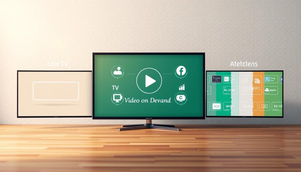A visually captivating infographic showcasing various types of IPTV services geared for Irish viewers. In the foreground, depict three distinct sections illustrating Live TV, Video on Demand, and Interactive Services, each represented by engaging icons and visuals, such as a television screen, a play button, and an interactive user interface. In the middle, incorporate subtle textures and colors representative of the Irish flag to create a harmonious background. Use soft, warm lighting to evoke a sense of comfort and accessibility. The image should have a balanced composition, with a focus on illustrating the types of services available. Create a professional, informative atmosphere, ensuring the visuals are engaging yet clear, without any text or overlays. A visually captivating infographic showcasing various types of IPTV services geared for Irish viewers. In the foreground, depict three distinct sections illustrating Live TV, Video on Demand, and Interactive Services, each represented by engaging icons and visuals, such as a television screen, a play button, and an interactive user interface. In the middle, incorporate subtle textures and colors representative of the Irish flag to create a harmonious background. Use soft, warm lighting to evoke a sense of comfort and accessibility. The image should have a balanced composition, with a focus on illustrating the types of services available. Create a professional, informative atmosphere, ensuring the visuals are engaging yet clear, without any text or overlays.
