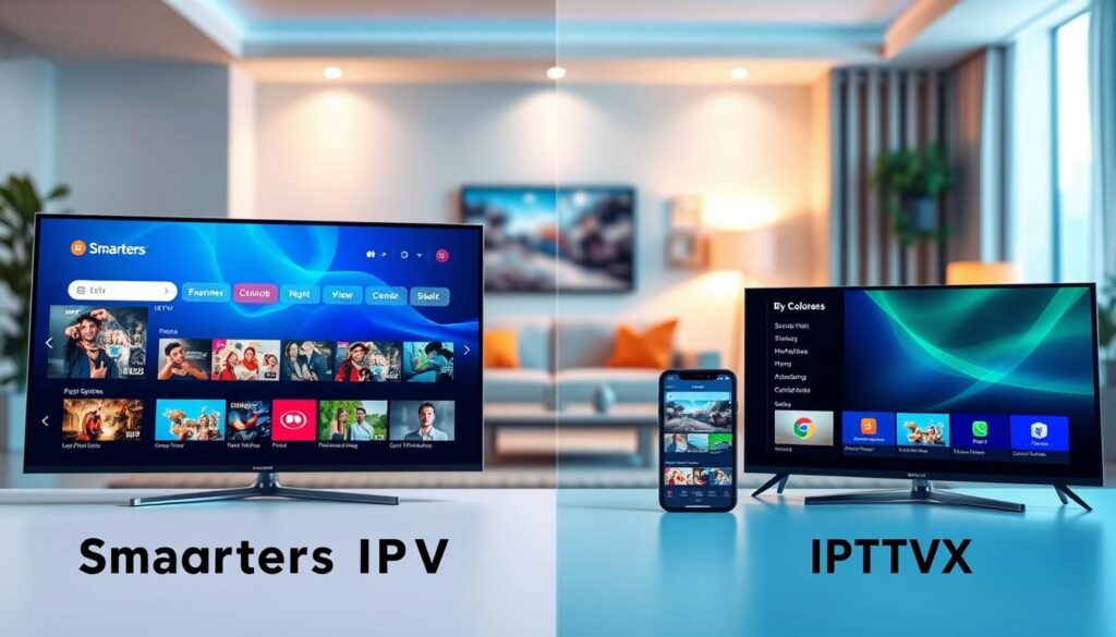 A visually engaging comparison scene featuring two IPTV streaming interfaces: Smarters IPTV on the left and IPTVX on the right. The foreground includes sleek, digital devices like smart TVs and mobile devices displaying their respective apps, with vibrant, high-resolution visuals illustrating key features. In the middle ground, a subtle, blurred representation of a cozy living room setting enhances the connection to viewers at home. The background showcases a softly illuminated, modern room with warm lighting that evokes a welcoming atmosphere. The lens perspective focuses on the devices, with a slight depth of field to create emphasis, while the color palette combines bold blues and vibrant greens for Smarters IPTV and warm oranges for IPTVX, highlighting contrasts in design and functionality. The overall mood is informative yet approachable, inviting viewers to explore their IPTV options.
