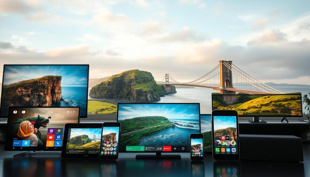 A visually engaging depiction of the key features of IPTV services for Irish viewers. In the foreground, an array of modern devices such as smart TVs, tablets, and smartphones displaying vibrant streaming interfaces, incorporating elements like high-definition resolution and user-friendly menus, showcasing the appeal of IPTV. The middle ground features iconic Irish landmarks like the Cliffs of Moher or Dublin's Ha'penny Bridge, symbolizing the connection of viewers to local content. In the background, a soft, cloudy sky typical of Ireland, with natural light filtering through, creating a serene atmosphere. The overall mood is inviting and informative, reflecting the sophistication and accessibility of IPTV services tailored for the Irish audience, captured with a soft focus and warm tones. A visually engaging depiction of the key features of IPTV services for Irish viewers. In the foreground, an array of modern devices such as smart TVs, tablets, and smartphones displaying vibrant streaming interfaces, incorporating elements like high-definition resolution and user-friendly menus, showcasing the appeal of IPTV. The middle ground features iconic Irish landmarks like the Cliffs of Moher or Dublin's Ha'penny Bridge, symbolizing the connection of viewers to local content. In the background, a soft, cloudy sky typical of Ireland, with natural light filtering through, creating a serene atmosphere. The overall mood is inviting and informative, reflecting the sophistication and accessibility of IPTV services tailored for the Irish audience, captured with a soft focus and warm tones.