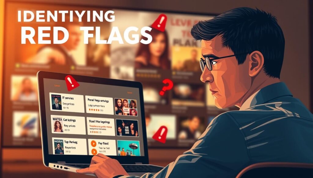 A visually engaging illustration depicting the theme of "Identifying Red Flags in IPTV Services." In the foreground, a concerned individual in professional attire studies a laptop screen displaying various IPTV service listings, highlighting red flags like suspiciously low prices and negative reviews. In the middle, there are subtle alarm symbols such as exclamation marks and question marks around the screen, suggesting warning signs. The background features a blurred image of a digital streaming interface, with icons representing media such as movies and TV shows. Use warm, ambient lighting to create a serious yet focused atmosphere, capturing the mood of caution and awareness. The camera angle should be slightly overhead, emphasizing the subject's investment in understanding IPTV risks.