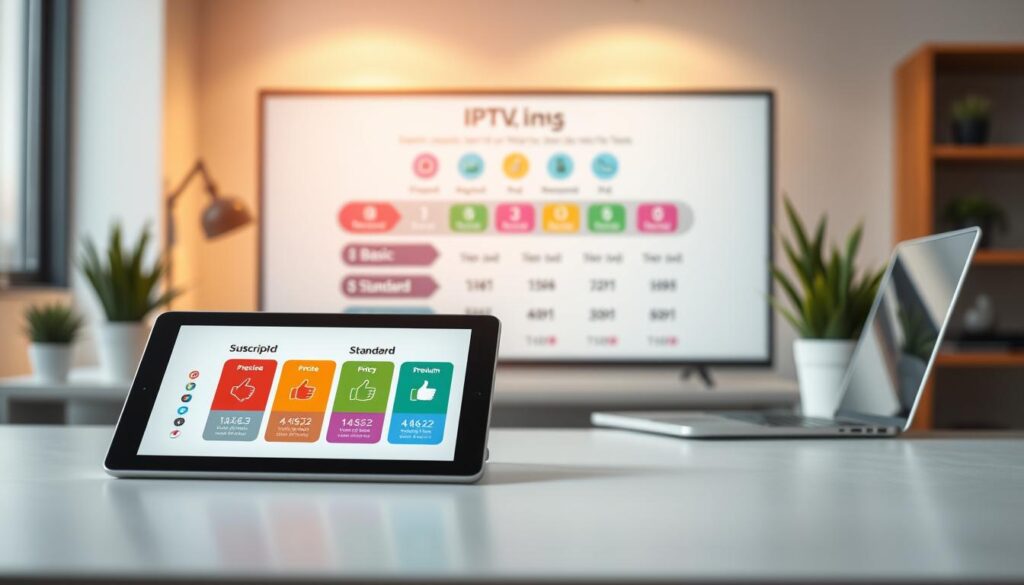 A visually engaging illustration of diverse pricing models and subscription options for IPTV services. In the foreground, showcase a sleek digital tablet displaying various subscription tiers with colorful icons representing basic, standard, and premium options. The middle layer features a blurred chart or infographic that highlights comparative pricing in an organized manner, using symbols like thumbs up and thumbs down for user satisfaction. In the background, create an office environment with a modern feel, including a desk, a laptop, and subtle plant decor, all warmly lit to evoke a professional ambiance. Capture a soft-focus effect to ensure the main subjects stand out, presenting a clear and informative visual on IPTV pricing and subscription models.