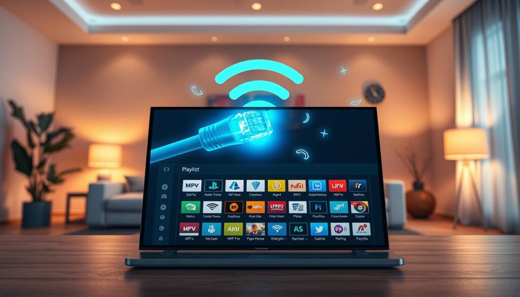 A visually engaging illustration showcasing "Supported Formats and Playlist Compatibility" in the context of IPTV streaming. In the foreground, a sleek, modern digital device displaying a playlist interface filled with various media format icons (like MP4, MKV, AVI, etc.), arranged neatly. In the middle, an overlay of a network cable and Wi-Fi symbols, symbolizing connectivity, with vibrant shades of blue and green to convey a tech-savvy atmosphere. In the background, subtle silhouettes of a cozy living room setting, illuminated by warm, soft lighting that promotes a relaxed yet advanced feel. Use a wide-angle perspective to capture depth and clarity, ensuring the focus is on formats and compatibility while maintaining a professional vibe throughout the composition. No text or branding elements present. A visually engaging illustration showcasing "Supported Formats and Playlist Compatibility" in the context of IPTV streaming. In the foreground, a sleek, modern digital device displaying a playlist interface filled with various media format icons (like MP4, MKV, AVI, etc.), arranged neatly. In the middle, an overlay of a network cable and Wi-Fi symbols, symbolizing connectivity, with vibrant shades of blue and green to convey a tech-savvy atmosphere. In the background, subtle silhouettes of a cozy living room setting, illuminated by warm, soft lighting that promotes a relaxed yet advanced feel. Use a wide-angle perspective to capture depth and clarity, ensuring the focus is on formats and compatibility while maintaining a professional vibe throughout the composition. No text or branding elements present.
