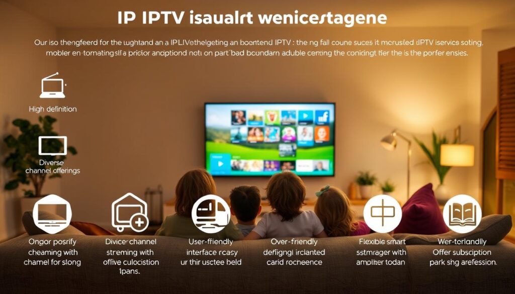 A visually engaging infographic illustrating the key features of IPTV services tailored for Irish viewers. In the foreground, include icons representing features like high-definition streaming, diverse channel offerings, user-friendly interface, and flexible subscription plans. The middle ground should depict a living room setting with a family enjoying IPTV on a large smart TV, showing a colorful array of channels on screen. In the background, incorporate subtle Irish elements, such as a green landscape or a traditional Irish cottage, hinting at local culture. Use bright, inviting colors and soft, ambient lighting to evoke a warm and welcoming atmosphere. The image should exclude any text or branding, focusing solely on the features and user experience of IPTV services. A visually engaging infographic illustrating the key features of IPTV services tailored for Irish viewers. In the foreground, include icons representing features like high-definition streaming, diverse channel offerings, user-friendly interface, and flexible subscription plans. The middle ground should depict a living room setting with a family enjoying IPTV on a large smart TV, showing a colorful array of channels on screen. In the background, incorporate subtle Irish elements, such as a green landscape or a traditional Irish cottage, hinting at local culture. Use bright, inviting colors and soft, ambient lighting to evoke a warm and welcoming atmosphere. The image should exclude any text or branding, focusing solely on the features and user experience of IPTV services.
