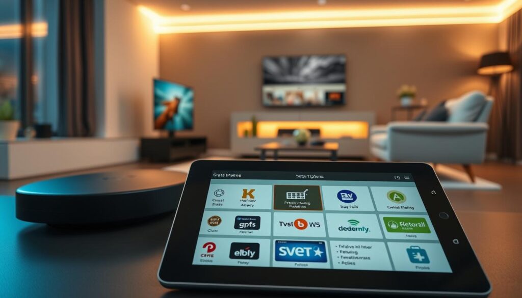 A visually engaging overview of IPTV subscription plans in Ireland. In the foreground, feature a stylish tablet displaying a digital interface with various IPTV packages listed, showcasing icons representing streaming services and features. The middle ground includes a sleek, modern living room setting with a comfortable couch, a TV, and a stylish coffee table, evoking a relaxing viewing atmosphere. In the background, soft ambient lighting illuminates the space, creating a warm and inviting mood. The scene is captured from a low angle to emphasize the tablet and living room setup, with a focus on clarity and detail, emphasizing a contemporary and professional aesthetic. Enhance the overall image with subtle accents of green and gold, symbolizing Ireland. No text or logos included. A visually engaging overview of IPTV subscription plans in Ireland. In the foreground, feature a stylish tablet displaying a digital interface with various IPTV packages listed, showcasing icons representing streaming services and features. The middle ground includes a sleek, modern living room setting with a comfortable couch, a TV, and a stylish coffee table, evoking a relaxing viewing atmosphere. In the background, soft ambient lighting illuminates the space, creating a warm and inviting mood. The scene is captured from a low angle to emphasize the tablet and living room setup, with a focus on clarity and detail, emphasizing a contemporary and professional aesthetic. Enhance the overall image with subtle accents of green and gold, symbolizing Ireland. No text or logos included.