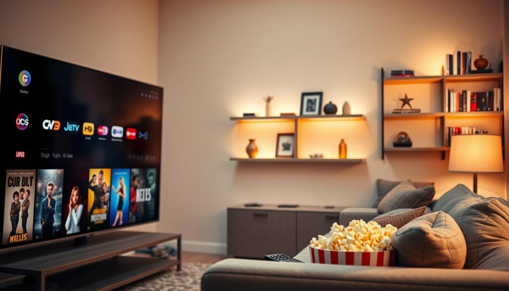 A visually engaging representation of "Video on Demand Content Offerings" featuring a modern living room setup. In the foreground, a sleek television screen displays various streaming platform icons and vibrant thumbnails of movies and shows. The middle layer shows a cozy couch with a remote control and popcorn bowl, inviting viewers to engage in on-demand viewing. In the background, soft ambient lighting creates a warm, inviting atmosphere with shelves displaying DVDs, books, and decorative items. The overall mood conveys comfort and entertainment, highlighting the ease of accessing a wealth of content. The scene should be captured with a slight angle, emphasizing depth and coziness, under gentle, diffused lighting that adds to the relaxed vibe of a home entertainment experience.