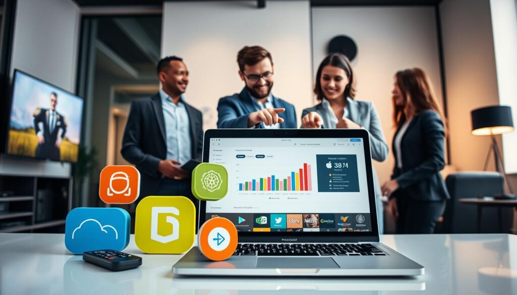 A visually engaging representation of the top IPTV providers in Ireland, set against a sleek, modern workspace. In the foreground, a stylish laptop displaying a streaming interface, surrounded by colorful streaming device logos, like a remote control and a smart TV. The middle ground features a group of three professional individuals—diverse in ethnicity—dressed in smart casual attire, discussing and pointing at a chart on the laptop screen, conveying collaboration and engagement. In the background, a minimalist office environment with soft lighting that creates a warm, inviting atmosphere, emphasizing technology and connectivity. The angle should be slightly overhead, giving a comprehensive view of the scene while maintaining focus on the interaction and devices. A visually engaging representation of the top IPTV providers in Ireland, set against a sleek, modern workspace. In the foreground, a stylish laptop displaying a streaming interface, surrounded by colorful streaming device logos, like a remote control and a smart TV. The middle ground features a group of three professional individuals—diverse in ethnicity—dressed in smart casual attire, discussing and pointing at a chart on the laptop screen, conveying collaboration and engagement. In the background, a minimalist office environment with soft lighting that creates a warm, inviting atmosphere, emphasizing technology and connectivity. The angle should be slightly overhead, giving a comprehensive view of the scene while maintaining focus on the interaction and devices.