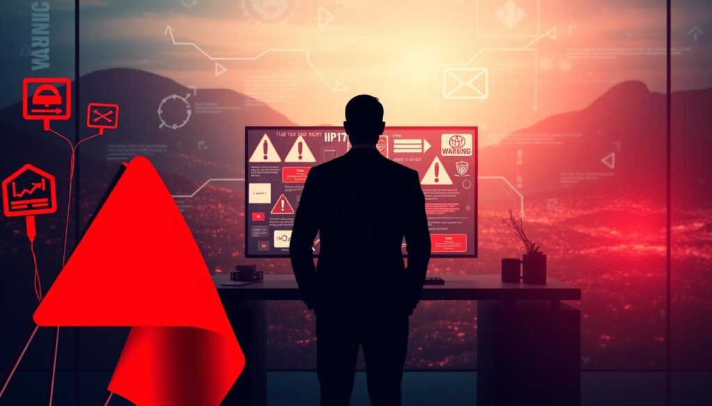 A visually impactful illustration of warnings and red flags in IPTV services. In the foreground, a large red flag symbol prominently displayed, flanked by icons representing common IPTV issues like buffering, poor customer service, and copyright infringement. In the middle ground, a shadowy figure in an office setting, dressed in professional business attire, looking at a computer screen filled with warning signs and alerts. The background features a digital landscape with abstract, glitchy visuals to symbolize unreliable streaming and online risks, illuminated by a soft, ominous glow, creating a sense of urgency and caution. The overall mood is tense yet informative, suitable for an article discussing consumer awareness in IPTV services. A visually impactful illustration of warnings and red flags in IPTV services. In the foreground, a large red flag symbol prominently displayed, flanked by icons representing common IPTV issues like buffering, poor customer service, and copyright infringement. In the middle ground, a shadowy figure in an office setting, dressed in professional business attire, looking at a computer screen filled with warning signs and alerts. The background features a digital landscape with abstract, glitchy visuals to symbolize unreliable streaming and online risks, illuminated by a soft, ominous glow, creating a sense of urgency and caution. The overall mood is tense yet informative, suitable for an article discussing consumer awareness in IPTV services.