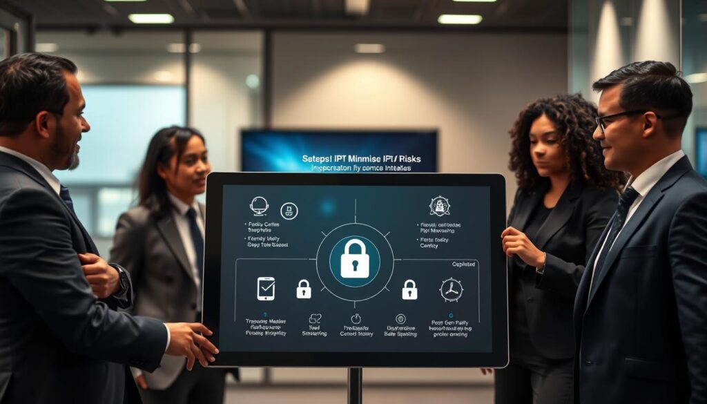 A visually informative composition depicting the "Steps to Minimise IPTV Risks in Ireland." In the foreground, feature a diverse group of three professionals in smart business attire, engaging in a discussion around a large, tablet-like screen displaying essential IPTV risk management steps. In the middle ground, include graphics related to cybersecurity, such as padlocks and firewalls, subtly integrated with icons representing safe streaming practices. In the background, depict a modern office environment with soft, ambient lighting that creates a focused atmosphere. The scene should convey a sense of security and professionalism, using a slightly overhead angle to capture both the group and the interface they are interacting with. The overall mood should be serious yet optimistic, emphasizing proactive measures and awareness.