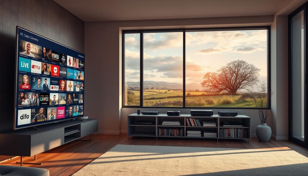 A visually striking composition showcasing a modern IPTV UK content library. In the foreground, a sleek, contemporary living room features a large, high-definition television displaying various vibrant thumbnails of live channels, movies, and series. The middle ground includes a stylish entertainment unit filled with streaming devices and DVDs, accented by soft, ambient lighting that creates a cozy atmosphere. The background depicts a large window with a picturesque view of the Irish countryside, casting natural light into the room. The color palette is warm and inviting, emphasizing a sense of comfort and relaxation. The overall mood conveys excitement and the joy of having access to a vast array of entertainment options. A visually striking composition showcasing a modern IPTV UK content library. In the foreground, a sleek, contemporary living room features a large, high-definition television displaying various vibrant thumbnails of live channels, movies, and series. The middle ground includes a stylish entertainment unit filled with streaming devices and DVDs, accented by soft, ambient lighting that creates a cozy atmosphere. The background depicts a large window with a picturesque view of the Irish countryside, casting natural light into the room. The color palette is warm and inviting, emphasizing a sense of comfort and relaxation. The overall mood conveys excitement and the joy of having access to a vast array of entertainment options.