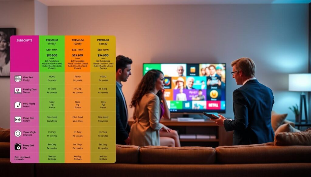 A visually striking composition showcasing various IPTV subscription plans and pricing. In the foreground, display an elegant, organized chart with clearly defined tiers for subscription options, featuring vibrant colors for each plan—basic, premium, and family. Use icons representing streaming devices and channels. In the middle ground, depict a focused group of diverse individuals in professional attire, engaged in a discussion around a tablet displaying IPTV content. The background should feature a modern living room setting with a large screen showing a colorful IPTV interface, illuminated by soft, warm lighting to create a cozy atmosphere. The image captures a sense of informed decision-making and modern technology, with a focus on clarity and accessibility. A visually striking composition showcasing various IPTV subscription plans and pricing. In the foreground, display an elegant, organized chart with clearly defined tiers for subscription options, featuring vibrant colors for each plan—basic, premium, and family. Use icons representing streaming devices and channels. In the middle ground, depict a focused group of diverse individuals in professional attire, engaged in a discussion around a tablet displaying IPTV content. The background should feature a modern living room setting with a large screen showing a colorful IPTV interface, illuminated by soft, warm lighting to create a cozy atmosphere. The image captures a sense of informed decision-making and modern technology, with a focus on clarity and accessibility.