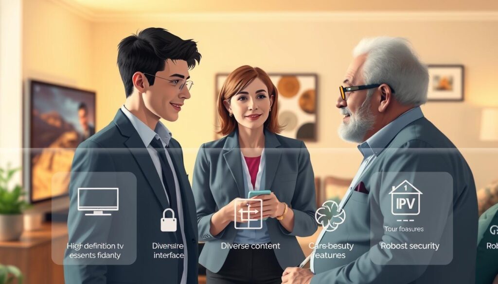 A visually striking illustration representing essential features for Irish IPTV users, designed with clarity and depth. In the foreground, depict a diverse group of three individuals—a young man, a middle-aged woman, and an older man—engaged in discussing their IPTV experiences. They are dressed in professional attire, showcasing a sense of modernity and professionalism. In the middle ground, include stylized icons or symbols representing essential features like a high-definition television, a user-friendly interface, diverse content options, and robust security features, arranged as if they’re part of a digital display. In the background, illustrate a cozy living room setting with soft, warm lighting that creates an inviting atmosphere. Capture a mood of curiosity and community, emphasizing the engagement and discussion among users.