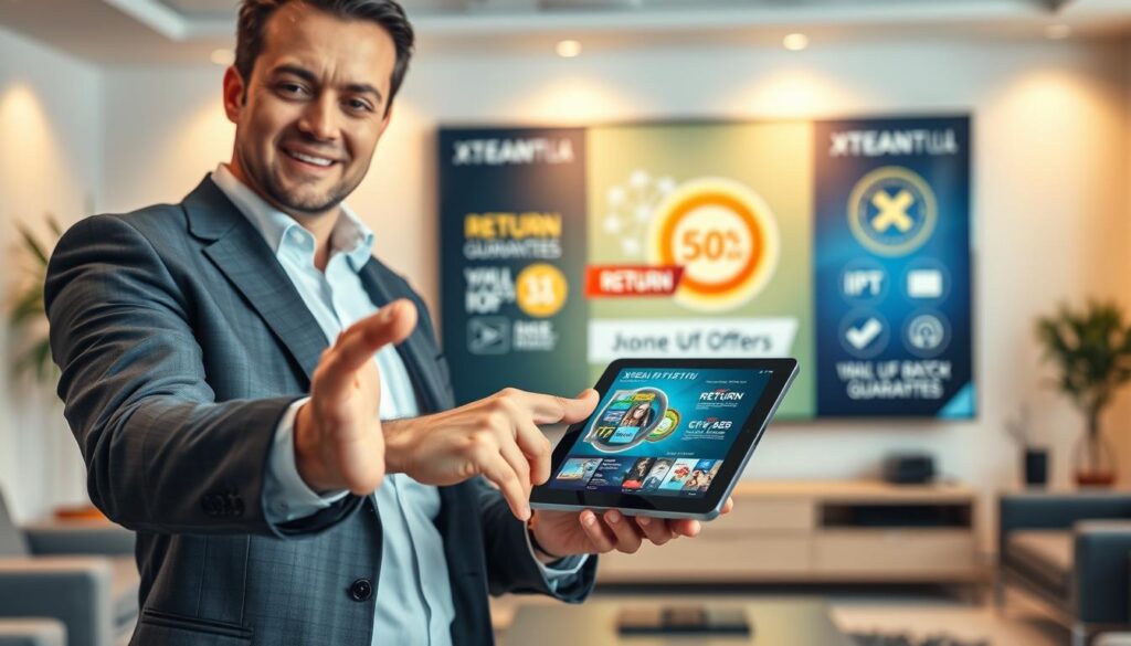 A visually striking image depicting the concept of "Exclusive Offers and Money-Back Guarantees for Xtream IPTV Subscription." In the foreground, a confident professional in a smart business suit gestures toward a sleek digital tablet displaying captivating graphics related to IPTV. In the middle ground, a backdrop of vibrant banners featuring enticing offers and guarantee symbols, like a return arrow and checkmarks. The background is a modern office setting with soft, warm lighting creating an inviting atmosphere. Use a slightly angled perspective to convey depth, with soft focus on the background to emphasize the foreground action. The overall mood is optimistic and reassuring, reflecting trust in safe streaming services. A visually striking image depicting the concept of "Exclusive Offers and Money-Back Guarantees for Xtream IPTV Subscription." In the foreground, a confident professional in a smart business suit gestures toward a sleek digital tablet displaying captivating graphics related to IPTV. In the middle ground, a backdrop of vibrant banners featuring enticing offers and guarantee symbols, like a return arrow and checkmarks. The background is a modern office setting with soft, warm lighting creating an inviting atmosphere. Use a slightly angled perspective to convey depth, with soft focus on the background to emphasize the foreground action. The overall mood is optimistic and reassuring, reflecting trust in safe streaming services.