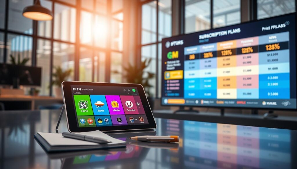 A visually striking scene depicting a modern office environment dedicated to IPTV subscription plans and pricing options. In the foreground, a sleek tablet displays various colorful subscription tiers with icons representing different services—sports, movies, and series. Beside it, a notepad and pen lie on a polished desk, suggesting active planning. The middle ground features a large digital screen showing a vibrant comparison chart of prices, benefiting from bright, inviting colors that convey competitive offers. The background showcases a stylish, contemporary office with large windows allowing soft, natural daylight to illuminate the space, creating a warm and professional atmosphere. The overall mood is energetic yet informative, reflecting the dynamic nature of IPTV services.
