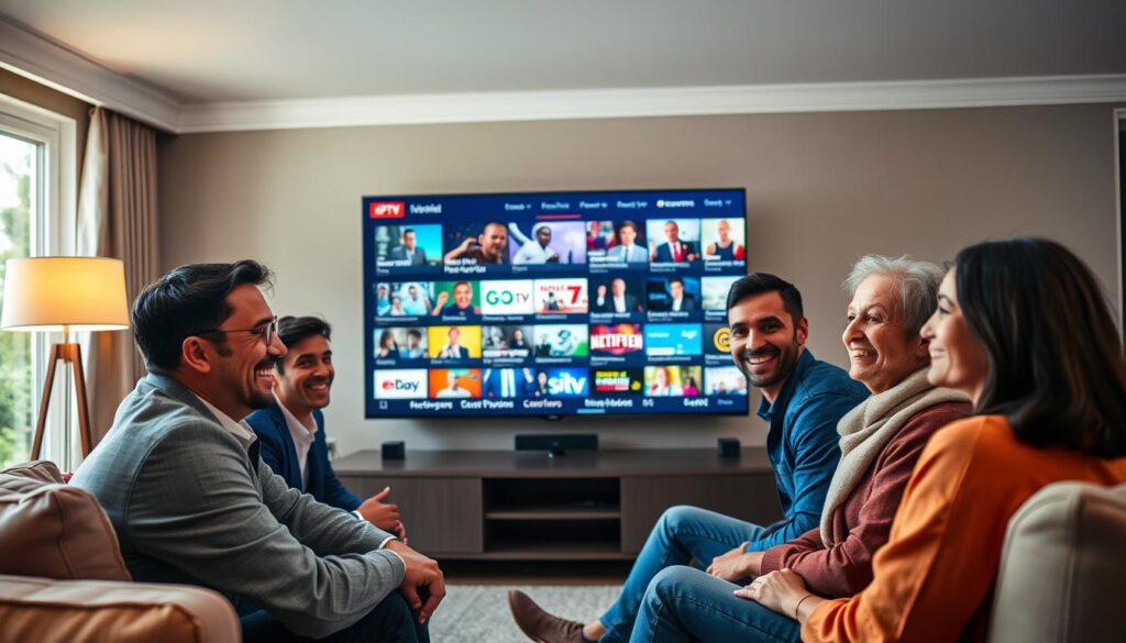 A warm and inviting living room scene featuring a diverse group of four satisfied customers enjoying their Xtream IPTV subscription on a large modern flat-screen TV. The foreground includes the customers, dressed in professional business attire and modest casual clothing, smiling and engaged as they watch content. In the middle, the TV displays vibrant streaming content, showcasing various genres like sports, movies, and news. The background features comfy furniture, an ambient lamp casting soft lighting, and a window revealing a sunny day outside. The overall mood is relaxed and cheerful, emphasizing happiness and satisfaction with the IPTV service. Use a slightly elevated perspective to capture the interactions and expressions clearly, enhancing the welcoming atmosphere. A warm and inviting living room scene featuring a diverse group of four satisfied customers enjoying their Xtream IPTV subscription on a large modern flat-screen TV. The foreground includes the customers, dressed in professional business attire and modest casual clothing, smiling and engaged as they watch content. In the middle, the TV displays vibrant streaming content, showcasing various genres like sports, movies, and news. The background features comfy furniture, an ambient lamp casting soft lighting, and a window revealing a sunny day outside. The overall mood is relaxed and cheerful, emphasizing happiness and satisfaction with the IPTV service. Use a slightly elevated perspective to capture the interactions and expressions clearly, enhancing the welcoming atmosphere.