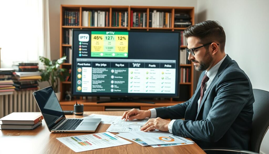 A well-organized workspace showcasing the process of selecting the right IPTV provider. In the foreground, a professional in business attire sits at a modern desk, intently reviewing various IPTV options on a sleek laptop, surrounded by papers with colorful charts and summaries. The middle layer features a large digital screen displaying a comparison of IPTV providers with icons and key features highlighted. In the background, a bookshelf filled with tech and media books suggests knowledge and research on the subject. Soft, natural lighting filters through a nearby window, casting a warm glow that creates an inviting atmosphere, emphasizing the importance of making an informed choice. The composition should convey focus, professionalism, and clarity without any text or distractions.