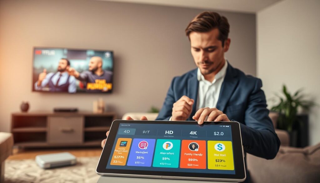 An engaging and informative scene depicting IPTV subscription plans and pricing. In the foreground, a sleek digital tablet displays colorful icons representing various IPTV packages with features like "HD", "4K", and "Family Friendly." In the middle, a professional-looking individual in smart casual attire, focused and analyzing the tablet, represents a potential customer exploring options. The background features a modern living room setting with a large TV on the wall, showcasing streaming content, and a cozy sofa. Soft, warm lighting enhances the inviting atmosphere, while a slight depth of field draws attention to the tablet, emphasizing clarity and importance of IPTV offerings. The image conveys a sense of professionalism and modernity in digital entertainment choices. An engaging and informative scene depicting IPTV subscription plans and pricing. In the foreground, a sleek digital tablet displays colorful icons representing various IPTV packages with features like "HD", "4K", and "Family Friendly." In the middle, a professional-looking individual in smart casual attire, focused and analyzing the tablet, represents a potential customer exploring options. The background features a modern living room setting with a large TV on the wall, showcasing streaming content, and a cozy sofa. Soft, warm lighting enhances the inviting atmosphere, while a slight depth of field draws attention to the tablet, emphasizing clarity and importance of IPTV offerings. The image conveys a sense of professionalism and modernity in digital entertainment choices.