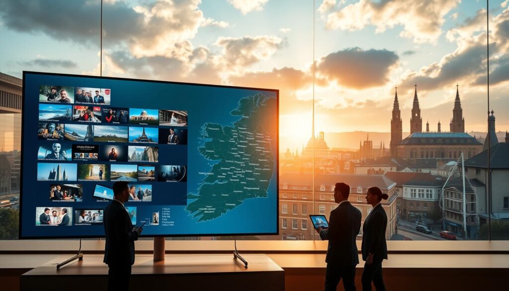 An informative and engaging overview of IPTV providers in Ireland, featuring a dynamic composition that includes a detailed map of Ireland highlighting major cities. In the foreground, display a sleek digital television screen showcasing various IPTV interfaces, reflecting diverse content options. The middle layer includes silhouettes of individuals in professional business attire discussing IPTV services, surrounded by icons of popular streaming devices like smart TVs and tablets. In the background, depict a blend of modern urban landscapes and traditional Irish architecture, bathed in soft, warm lighting to create an inviting atmosphere. Capture a sense of exploration and innovation, emphasizing the evolving landscape of digital entertainment in Ireland. Use a wide-angle lens to enhance the depth and perspective of the scene, ensuring clarity and focus on key elements. An informative and engaging overview of IPTV providers in Ireland, featuring a dynamic composition that includes a detailed map of Ireland highlighting major cities. In the foreground, display a sleek digital television screen showcasing various IPTV interfaces, reflecting diverse content options. The middle layer includes silhouettes of individuals in professional business attire discussing IPTV services, surrounded by icons of popular streaming devices like smart TVs and tablets. In the background, depict a blend of modern urban landscapes and traditional Irish architecture, bathed in soft, warm lighting to create an inviting atmosphere. Capture a sense of exploration and innovation, emphasizing the evolving landscape of digital entertainment in Ireland. Use a wide-angle lens to enhance the depth and perspective of the scene, ensuring clarity and focus on key elements.