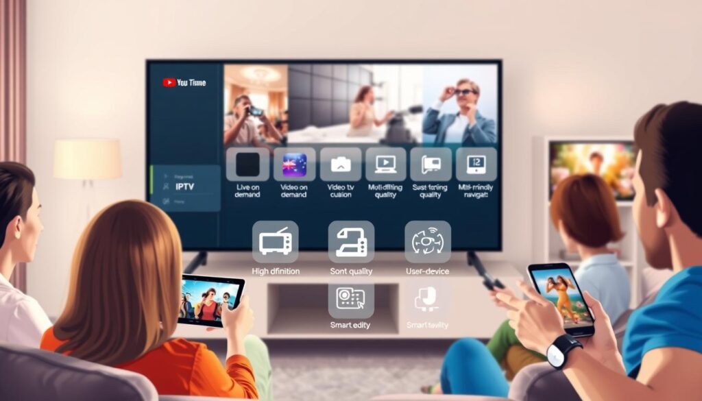An informative and visually engaging illustration representing the key features of an IPTV stream service. In the foreground, include a sleek, modern digital user interface displaying various streaming options, such as live TV, video on demand, and channel selection. In the middle ground, feature icons symbolizing key attributes like high-definition quality, multi-device compatibility, and user-friendly navigation. In the background, softly lit images of people enjoying IPTV on different devices—such as a tablet, smart TV, and smartphone—evoking a sense of connection and entertainment. Use a bright color palette for a cheerful atmosphere, with soft shadows for depth. The composition should be balanced and professional, suitable for an informative article, without any text or distractions.