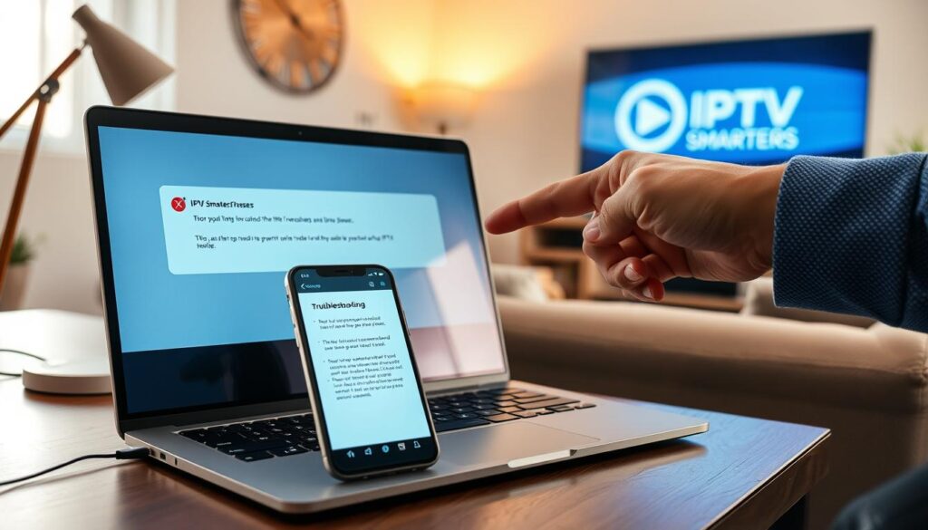 An informative digital troubleshooting guide for the IPTV Smarters app. In the foreground, a sleek laptop displays the IPTV Smarters interface with error messages about crashes and freezes, illuminated by a warm desk lamp. A smartphone rests beside it, showcasing troubleshooting tips and steps on its screen. In the middle ground, a person's hand, dressed in smart casual attire, is pointing at the laptop screen, emphasizing a solution. The background features a softly blurred living room setting, with a comfortable couch and a television displaying the IPTV Smarters logo. The scene is well-lit with natural light streaming through a window, creating a calm and professional atmosphere, perfect for guiding users through technical issues. An informative digital troubleshooting guide for the IPTV Smarters app. In the foreground, a sleek laptop displays the IPTV Smarters interface with error messages about crashes and freezes, illuminated by a warm desk lamp. A smartphone rests beside it, showcasing troubleshooting tips and steps on its screen. In the middle ground, a person's hand, dressed in smart casual attire, is pointing at the laptop screen, emphasizing a solution. The background features a softly blurred living room setting, with a comfortable couch and a television displaying the IPTV Smarters logo. The scene is well-lit with natural light streaming through a window, creating a calm and professional atmosphere, perfect for guiding users through technical issues.