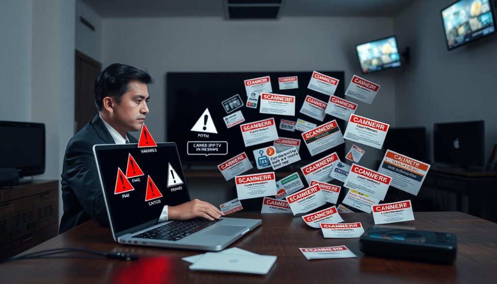 An informative scene depicting common IPTV warnings and scams. In the foreground, a computer desk with a laptop open, displaying various warning symbols like exclamation marks and red flags. Next to the laptop, a user, dressed in professional business attire, is looking at the screen with a concerned expression. In the middle ground, a collection of scam-related images, like fake IPTV subscription ads and messages, scattered around, symbolizing the danger. The background features a dimly lit room with hints of technology, such as routers and screens, creating a sense of urgency and caution. Soft, ambient lighting enhances the seriousness of the subject, emphasizing the theme of safety in digital viewing. The overall mood is tense yet informative, aiming to educate viewers about the potential risks associated with IPTV. An informative scene depicting common IPTV warnings and scams. In the foreground, a computer desk with a laptop open, displaying various warning symbols like exclamation marks and red flags. Next to the laptop, a user, dressed in professional business attire, is looking at the screen with a concerned expression. In the middle ground, a collection of scam-related images, like fake IPTV subscription ads and messages, scattered around, symbolizing the danger. The background features a dimly lit room with hints of technology, such as routers and screens, creating a sense of urgency and caution. Soft, ambient lighting enhances the seriousness of the subject, emphasizing the theme of safety in digital viewing. The overall mood is tense yet informative, aiming to educate viewers about the potential risks associated with IPTV.