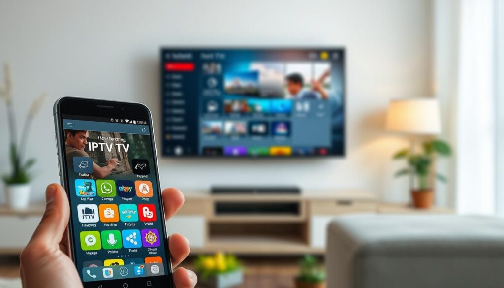 An informative, visually appealing illustration showcasing the key features of the IPTV Pro App. In the foreground, display a sleek, modern smartphone showing the IPTV Pro interface with vibrant, colorful icons representing live TV, on-demand movies, and a favorites section. In the middle layer, include a desktop computer with a user-friendly dashboard, streamlined navigation, and various settings options like parental controls and audio settings. The background features a blurred living room scene with a TV mounted on the wall, emphasizing a cozy home entertainment atmosphere. Soft, natural lighting illuminates the scene, creating a welcoming mood, and the composition should have a slight angle to enhance depth, suggesting accessibility and ease of use for all viewers.